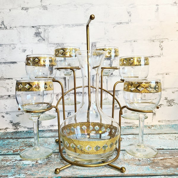 Rare 1960's Mid-Century Modern 22-Karat Gold Moroccan Decanter and Wine Glasses Set