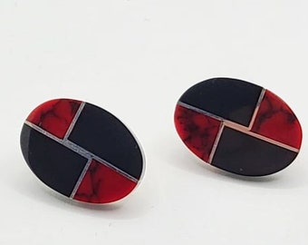 Multi-Stone Red and Black Inlay Sterling Silver Southwestern Earrings