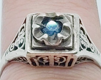 Antique Sterling Silver Women's Ring with Faceted Blue Stone