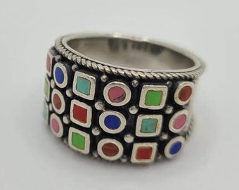 Vintage SE Sterling Silver 925 Multi Stone, Multi Color Ring, 3 Row.  Size 8.5.