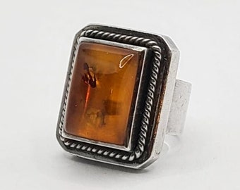 Sterling Silver Framed Amber Large Rectangular Solitaire Statement Ring by Lori Bonn. Signed