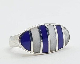 Danish Style Sterling Silver Inlay Striped Lapis and Mother Pearl Oval Statement Ring. Signed R.F. Size 8.