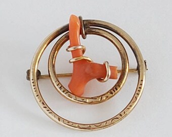 Sweet Victrorian Red Orange Coral Gold Filled Brooch Pin