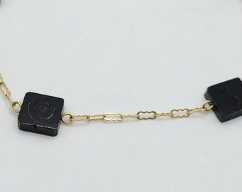 14K Fancy Link Paperclip Chain Style Solid Gold Bracelet with Black Wood Squares, Gift For Her, Fine Jewelry