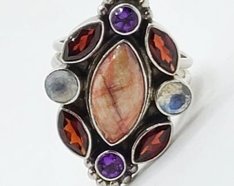 Sterling Silver 925 Multi Gem Stone, Multi Color Nicky Butler Cocktail Ring. Signed. Size 10.