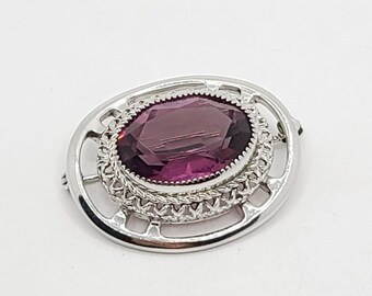 Vintage Sterling Silver Danecraft Faceted Amethyst Glass Brooch / Pin