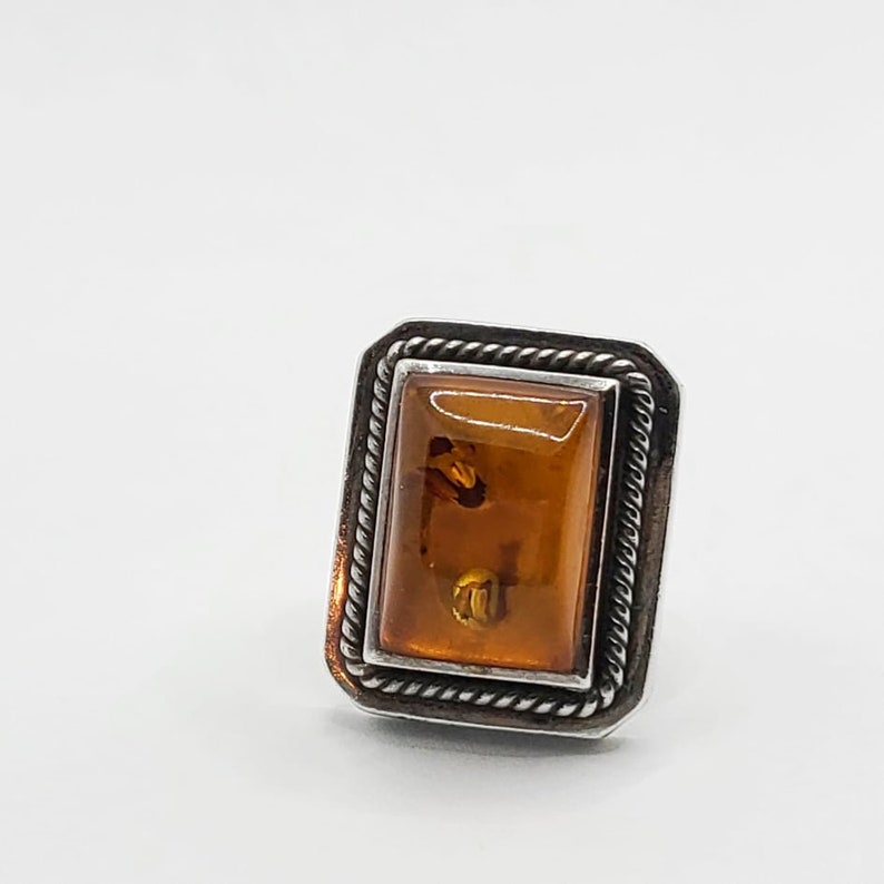 Sterling Silver Framed Amber Large Rectangular Solitaire Statement Ring by Lori Bonn. Signed image 2