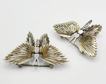 Pair of Sterling Silver Butterfly Brooches with Brass Wire Wrapped Wings