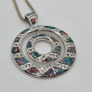 Faux Fire Opal Inlaid Sterling Silver Double Circle Pendant on 20 Sterling Silver Chain image 1