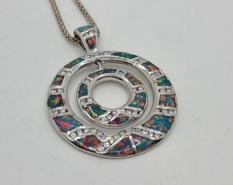 Faux Fire Opal Inlaid Sterling Silver Double Circle Pendant on 20" Sterling Silver Chain