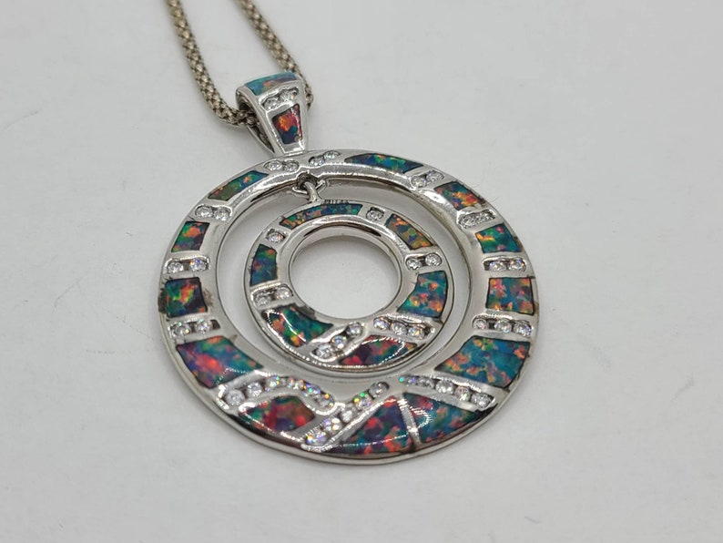 Faux Fire Opal Inlaid Sterling Silver Double Circle Pendant on 20 Sterling Silver Chain image 1