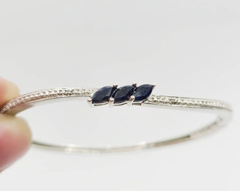 Lab Created Marquis Sapphire and Diamond Chip Sterling Silver Bangle 925