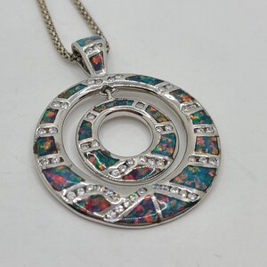 Faux Fire Opal Inlaid Sterling Silver Double Circle Pendant on 20 Sterling Silver Chain image 3