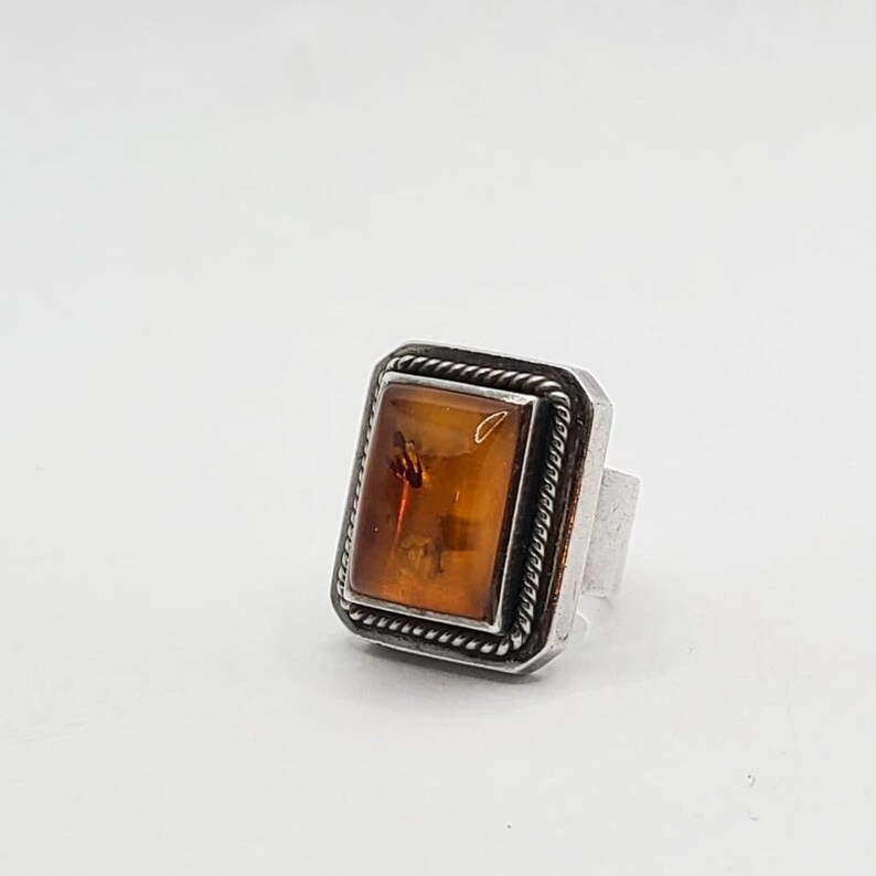 Sterling Silver Framed Amber Large Rectangular Solitaire Statement Ring by Lori Bonn. Signed image 1