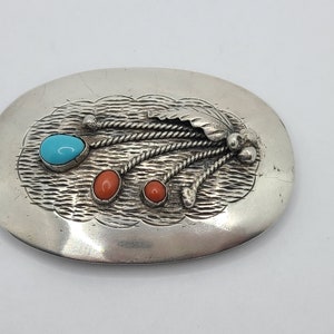 Turquoise and Coral Floral Sterling Silver Handmade Native American Navajo Belt Buckle image 3
