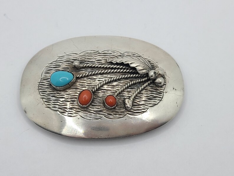 Turquoise and Coral Floral Sterling Silver Handmade Native American Navajo Belt Buckle image 3