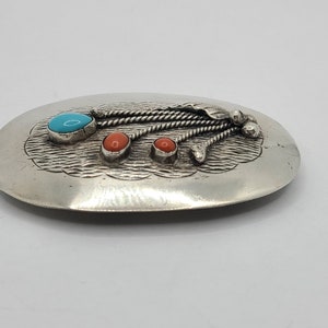 Turquoise and Coral Floral Sterling Silver Handmade Native American Navajo Belt Buckle image 2