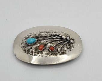 Turquoise and Coral Floral Sterling Silver Handmade Native American Navajo (?) Belt Buckle