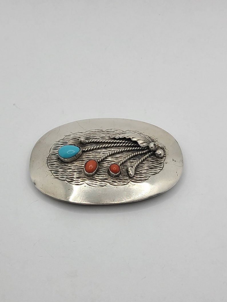 Turquoise and Coral Floral Sterling Silver Handmade Native American Navajo Belt Buckle image 1