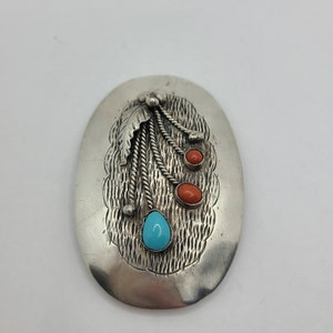 Turquoise and Coral Floral Sterling Silver Handmade Native American Navajo Belt Buckle image 7