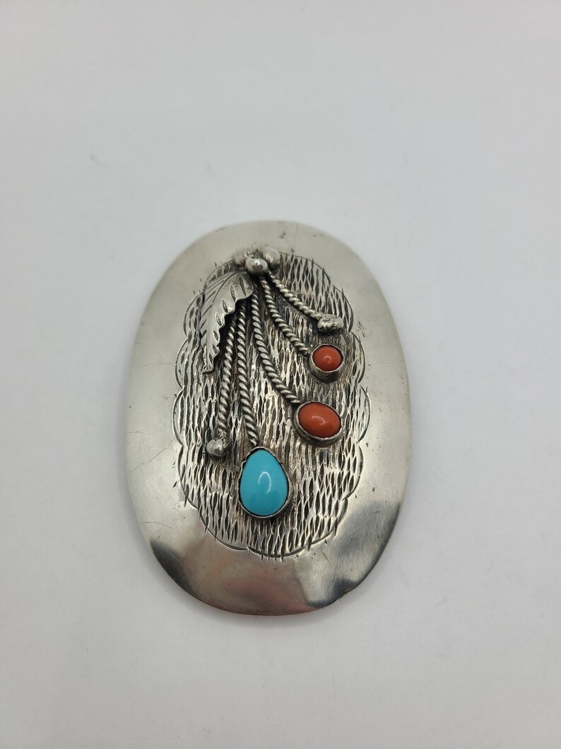 Turquoise and Coral Floral Sterling Silver Handmade Native American Navajo Belt Buckle image 7