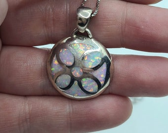 Faux Opal Inlaid Sterling Silver Round Pendant on 16" Sterling Silver Chain