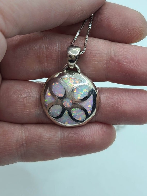 Faux Opal Inlaid Sterling Silver Round Pendant on 