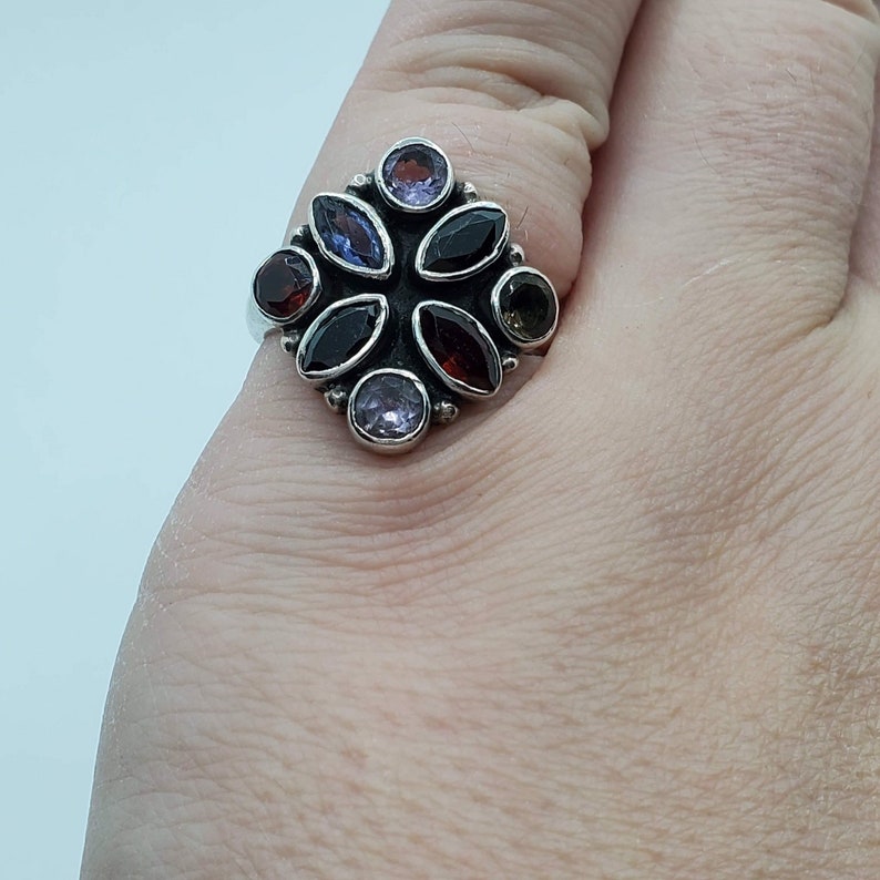 Size 5 14. Sterling Silver 925 Multi Gem Stone Multi Color Cocktail Ring