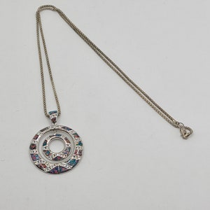 Faux Fire Opal Inlaid Sterling Silver Double Circle Pendant on 20 Sterling Silver Chain image 2