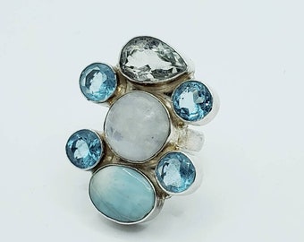 Extra Large Funky Sterling Silver 925 Moonstone, Blue Topaz and Larimar Statement Cocktail Ring. Size 6 3/4