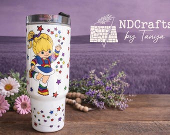 40oz Rainbow Tumbler with Handle | Nostalgic Cartoon Quencher Cup | Colorful Gift