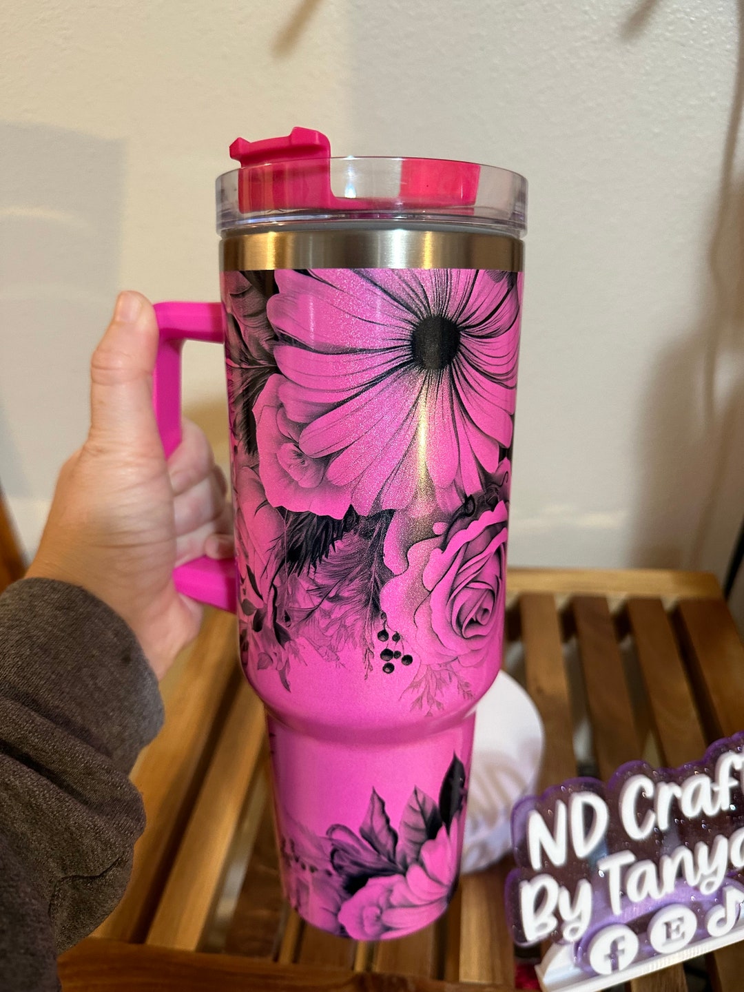 40oz. Shimmer Glitter Tumbler With Straw, Black & White Flower, Gift