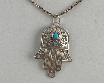 Sterling Silver Hamsa charm (pendant) with 3 MM Turquoise Blue Topaz, Sapphire or Lapis