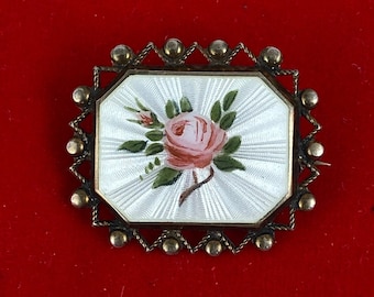 Antique high quality Pearl White Guilloche Enamel Broach, It features Roses with a soft White background NORWAY