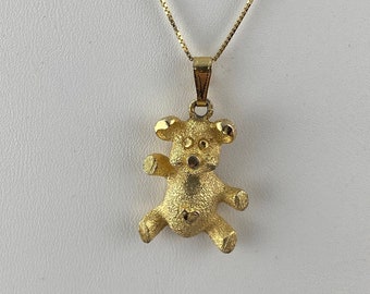 Vintage Teddy Bear 925 Gold Tone Textured Wear with an 18 inch 1MM Italian Sterling Silver 22K Gold (Vermeil) Plated Box  Chain