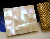 VintageVintage Whiting Davis Mother of Pearl Tile Compact with Rare Gold Tone Mesh Case is Signed inside for collectors