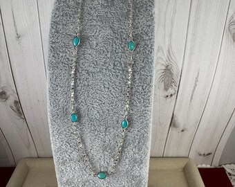 Sterling Silver Twisted Serpentine 14.5 inch Chain and 3x5 Cabochon Turquoise Double Face Gem Stones teen size