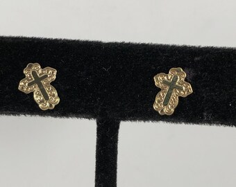 14K Yellow Gold Cross Earrings: Etched Religious Jewelry
