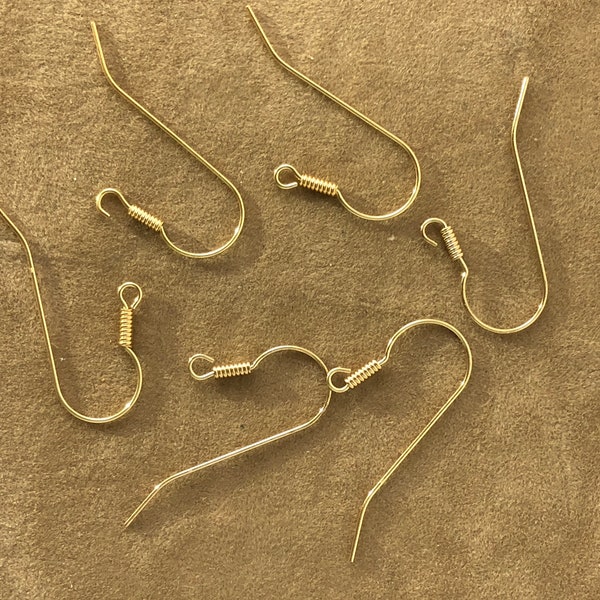 14 Karat Yellow Gold French Ear Wires (French Hook) with 14k Gold Coil sold in 1 Pair package marked 14K gold