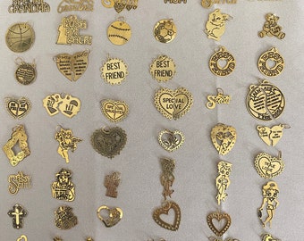 VVintage 14 Karat Gold 10th thick  Mixed Group of 48 pieces with Hearts, Best Friends, Sayings, Sweet Heart, Grandma, Mom and more