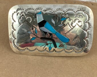 Vintage Sterling Silver Western style hand engraved Cardinal in Turqupise, Mother of Pearl, and Jet inlay Belt Buckle