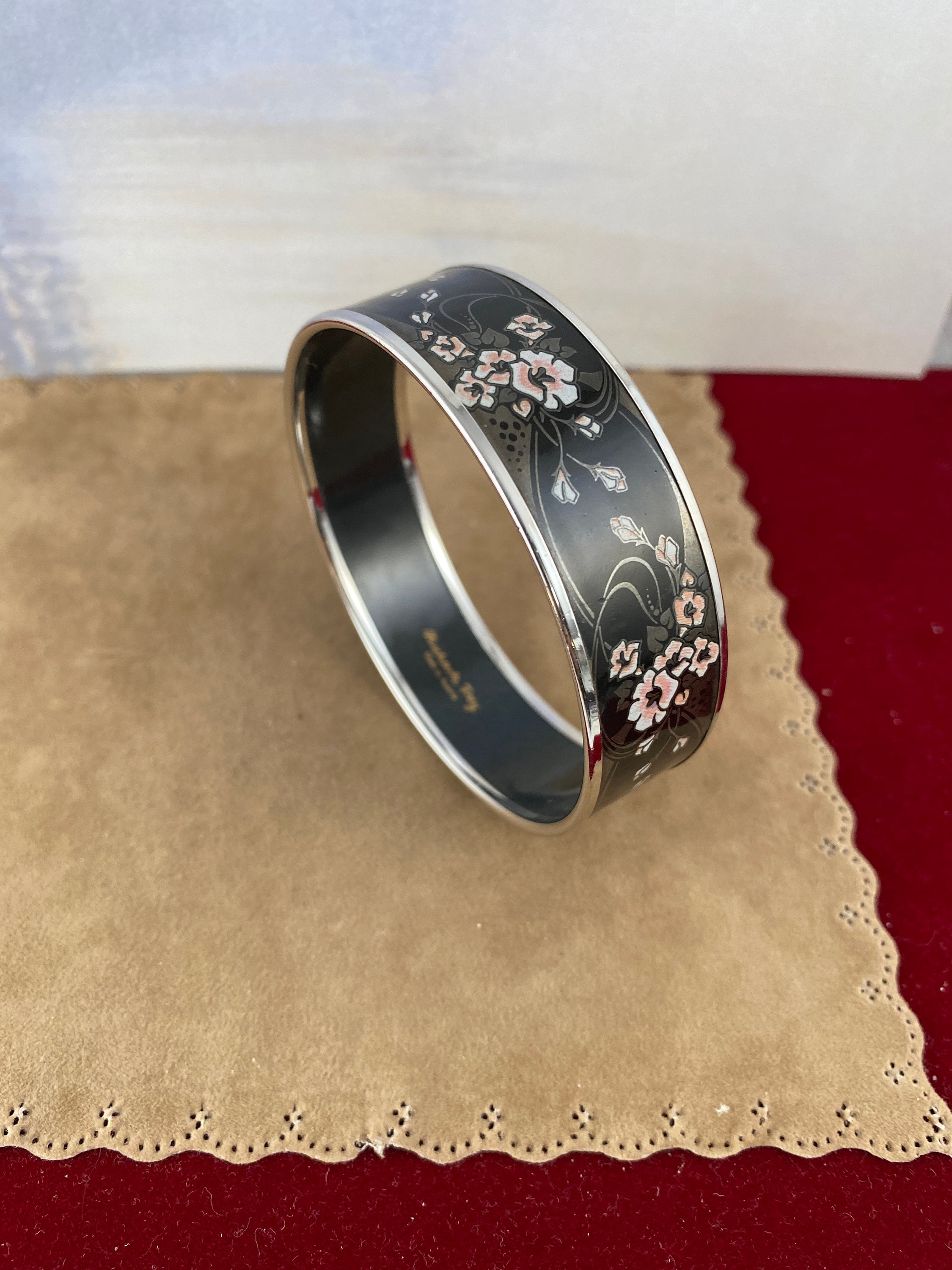 Vintage Michaela Frey Enamel Bangle: Pink Floral Silver Motif