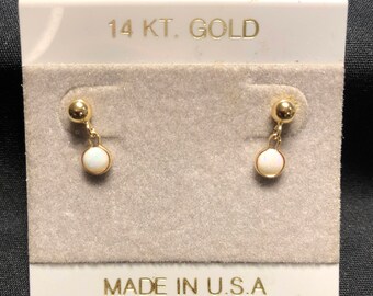 14K Yellow Gold Opal Dangle Earrings: 4MM Ball Stud