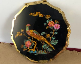 Vintage Stratton Compact Pheasant Pink Gold Black Basket weave back