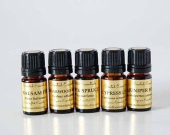 Set de aceites esenciales "Un paseo por el bosque" / Aceites esenciales puros de abeto balsámico, cedro del Atlas, abeto negro, ciprés y bayas de enebro / Kit de aceites