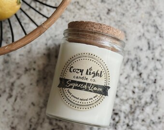 SUGARED LEMON Soy Candle | 12oz Handcrafted Natural Candle | Glass Jar Candle with Cork Lid | Lemon Scented | Gifts For Her | Clean Scented