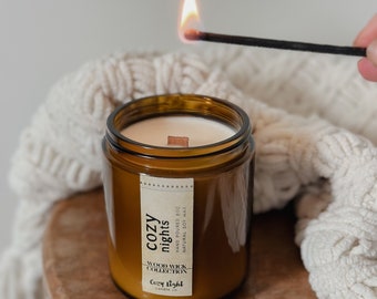 COZY NIGHTS Soy Candle  | Cozy Scented Candle | Amber Glass Jar Candle | Crackling Wood Wick | Rustic Modern Home Decor