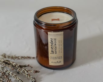 LAVENDER SANDALWOOD Wood Wick Soy Candle | Herbal Scented Candle | Crackling Wood Wick | Glass Amber Jar Candle