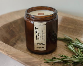 ROSEMARY MINT Wood Wick Soy Candle | Herbal Scented Soy Candle | Amber Glass Jar Candle | Crackling Wood Wick