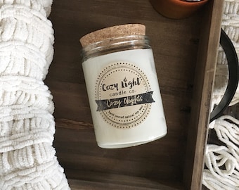 COZY NIGHTS Soy Candle | 12oz Hand Poured | Cozy Scented Candle | Rustic Modern Home Decor | Cork Lid Candle